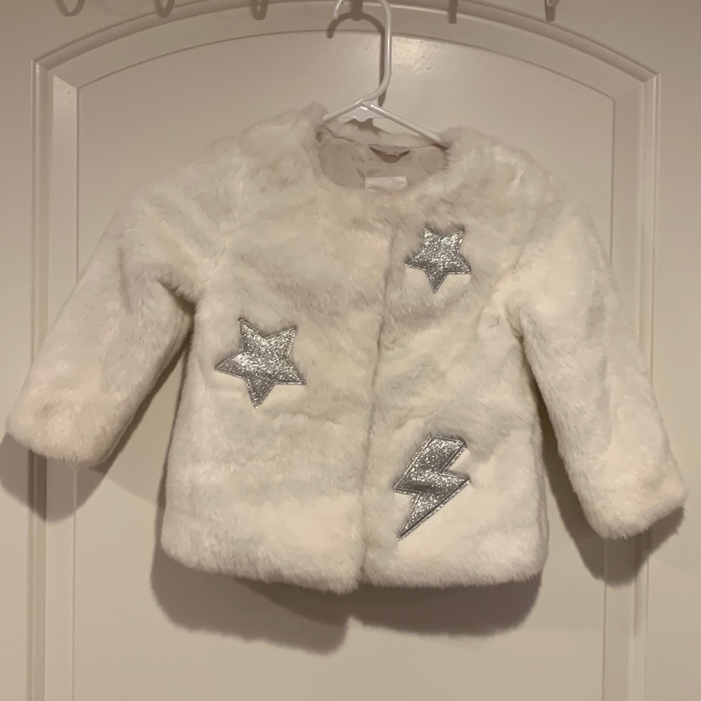 Cat & Jack white faux fur coat silver glitter appliqué stars and lighting bolt!